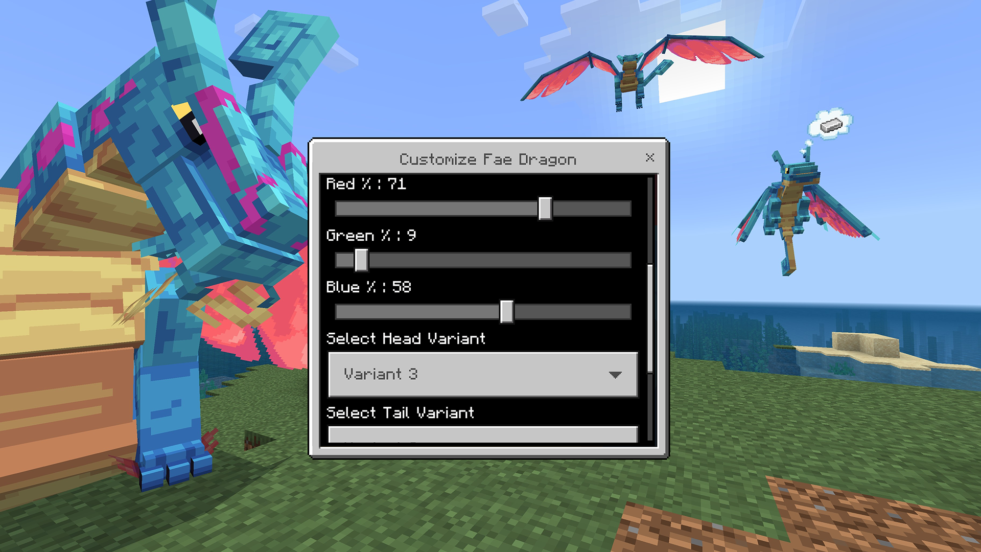 Cave dragon customization menu with RGB sliders and head and tail variant pickers